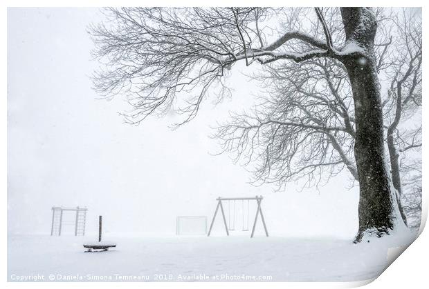 Snowstorm over an empty playground Print by Daniela Simona Temneanu