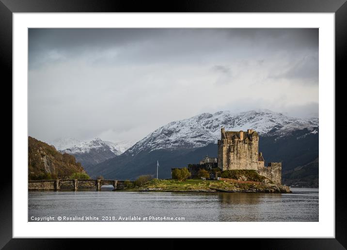 Eileen Donan Castle Against Snowy Mountains Framed Mounted Print by Rosalind White