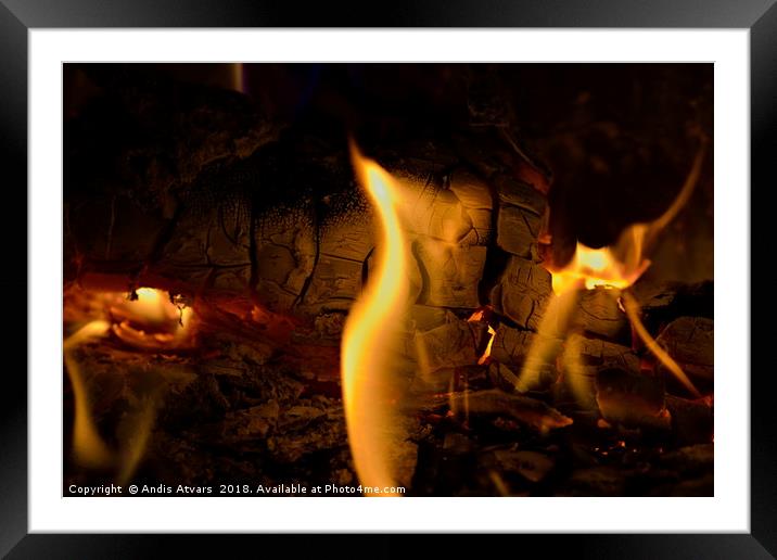 Open flame in fireplace Framed Mounted Print by Andis Atvars