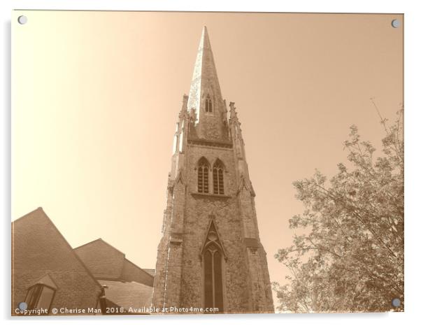 Sepia Lewisham Tall Church Spire Building Framed  Acrylic by Cherise Man