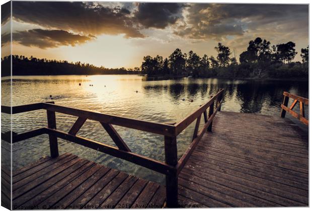 Pier with wooden railing and trees Canvas Print by Juan Ramón Ramos Rivero