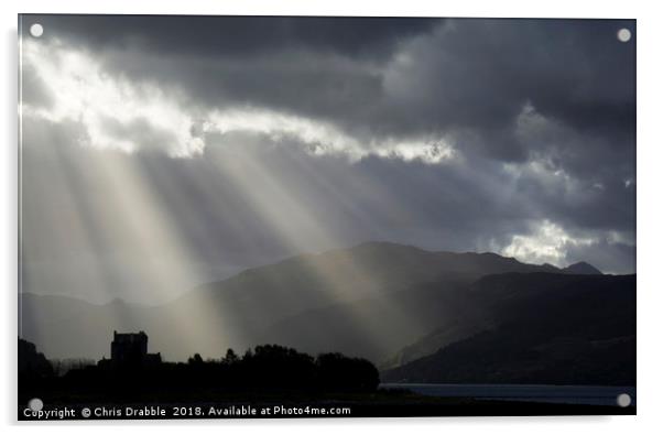 Crepuscular rays over Eilean Donan Castle Acrylic by Chris Drabble