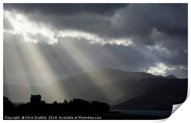 Crepuscular rays over Eilean Donan Castle Print by Chris Drabble