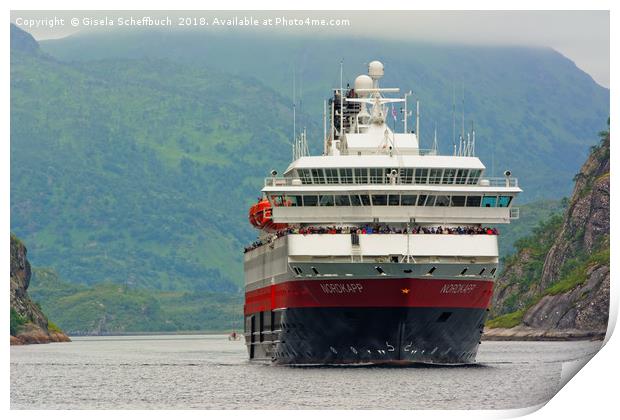 Hurtigruten ship enters Trollfjord Print by Gisela Scheffbuch