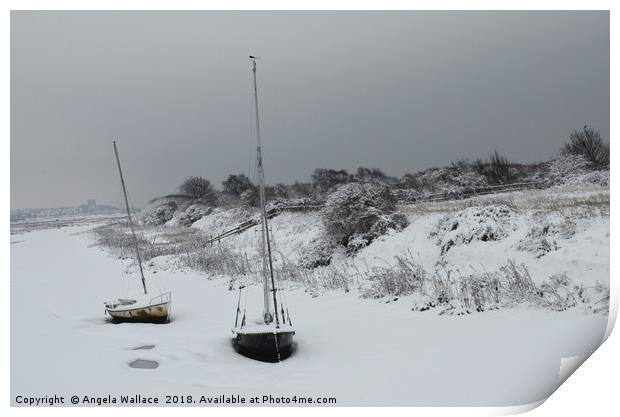 Sailing boats in the snow Print by Angela Wallace
