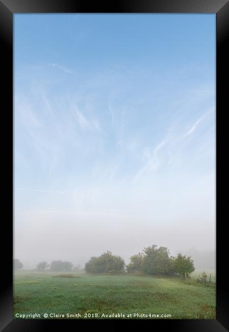 Whimsical foggy pasture and surprising blue sky Framed Print by Claire Smith