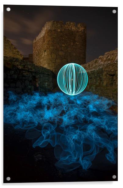 Light orb and EL wire at Peel Castle Acrylic by Daniel Chambers