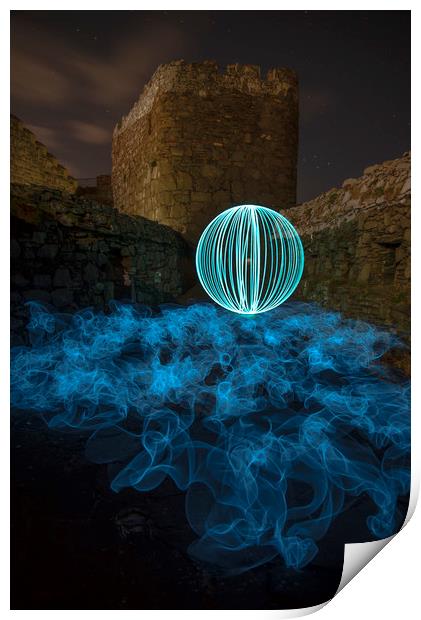 Light orb and EL wire at Peel Castle Print by Daniel Chambers