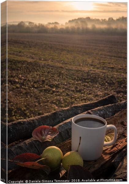 Coffee mug on tree bark at sunrise Canvas Print by Daniela Simona Temneanu