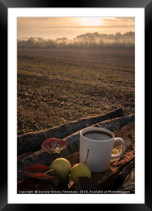 Coffee mug on tree bark at sunrise Framed Mounted Print by Daniela Simona Temneanu