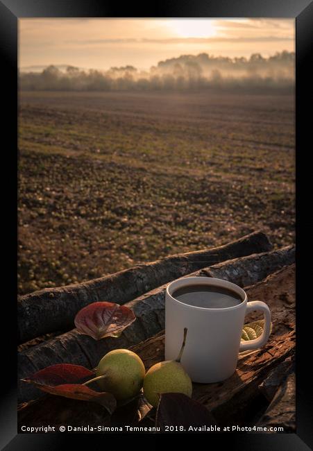 Coffee mug on tree bark at sunrise Framed Print by Daniela Simona Temneanu
