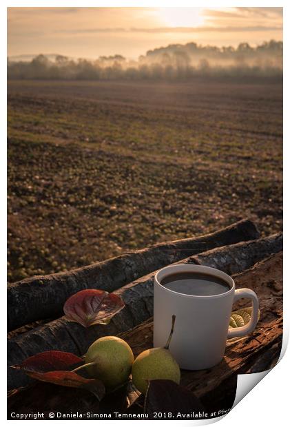 Coffee mug on tree bark at sunrise Print by Daniela Simona Temneanu