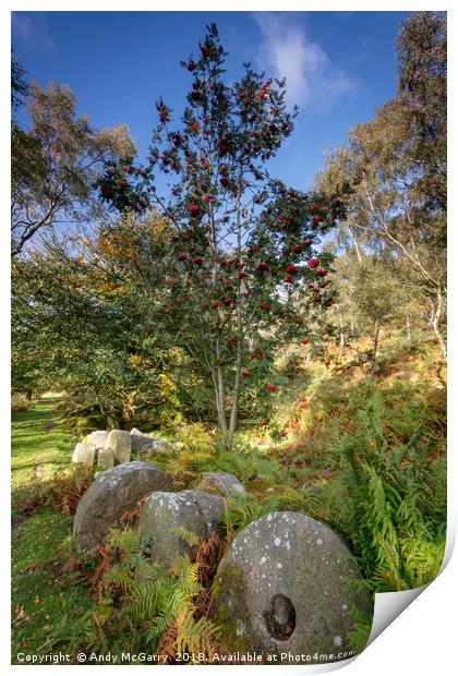 Millstones and yew tree Print by Andy McGarry