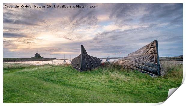Boathouses at Lindisfarne Print by Helen Hotson
