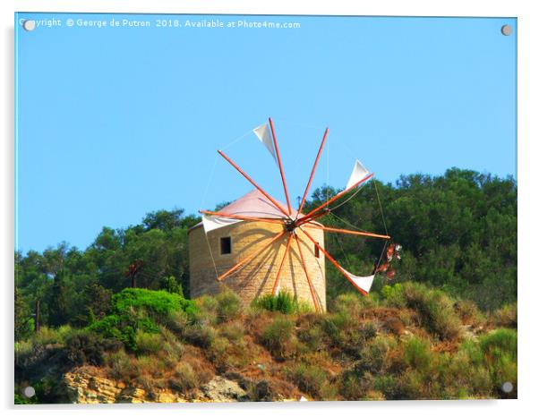 Windmill on Ereikoussa Island. Acrylic by George de Putron