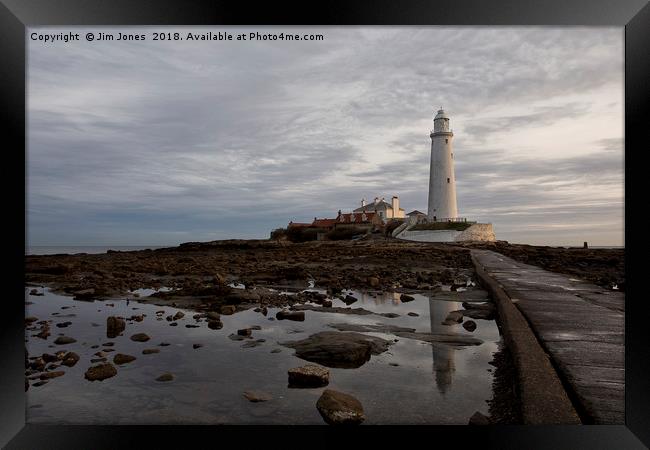 St Mary's Lighthouse reflections Framed Print by Jim Jones