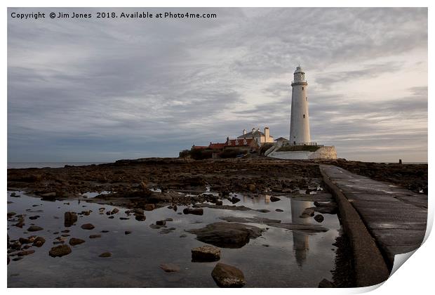 St Mary's Lighthouse reflections Print by Jim Jones