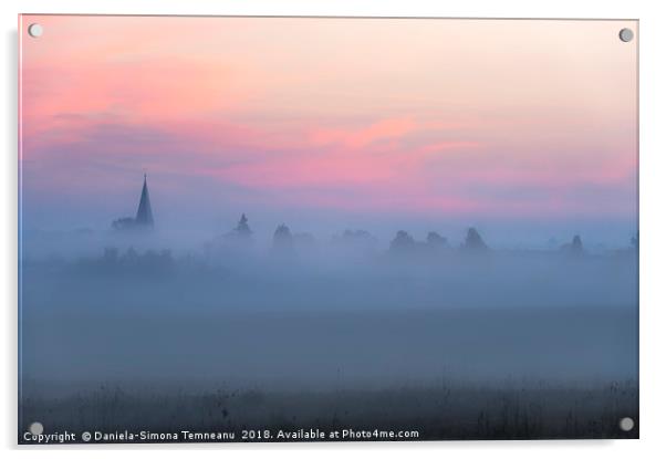 Church tower and village in fog at dawn Acrylic by Daniela Simona Temneanu