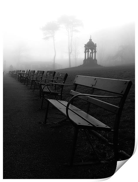 Fogbound Benches. Print by Roy Barry