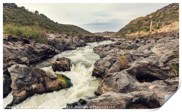 Rapids of the river with rock covered with moss Print by Juan Ramón Ramos Rivero