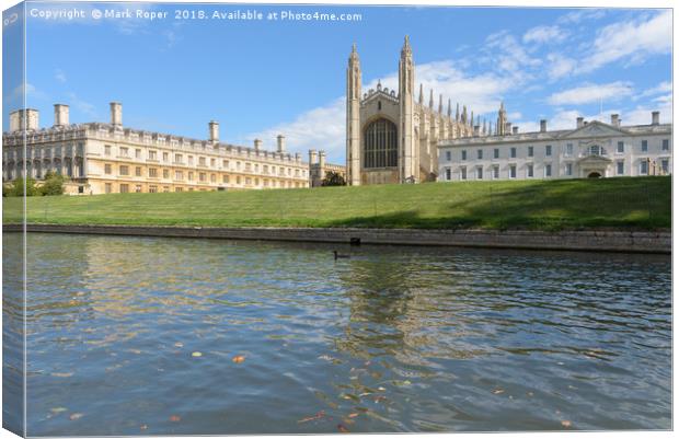 Clare and Kings College viewed from River Cam in C Canvas Print by Mark Roper