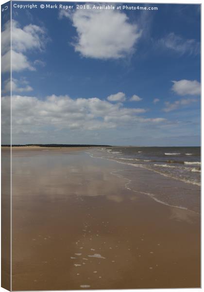 Clouds reflecting on the wet sand at Wells-next-th Canvas Print by Mark Roper
