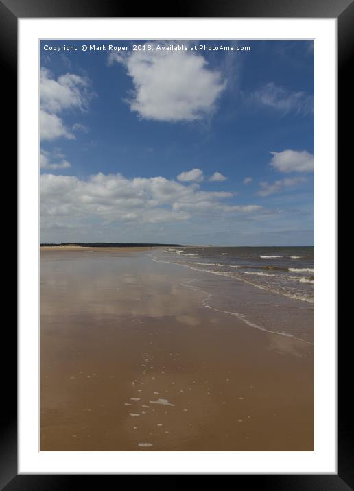 Clouds reflecting on the wet sand at Wells-next-th Framed Mounted Print by Mark Roper