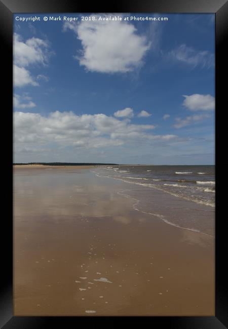 Clouds reflecting on the wet sand at Wells-next-th Framed Print by Mark Roper