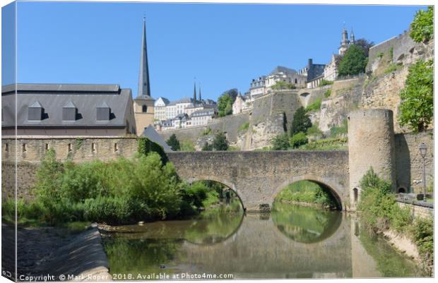 Luxembourg old town viewed from the Grund quarter Canvas Print by Mark Roper