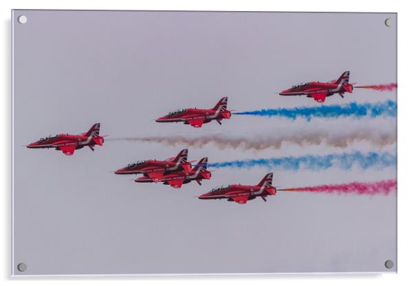 Red Arrows with coloured smoke on at Duxford Acrylic by Clive Wells