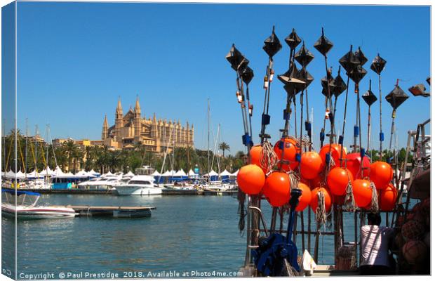 Fhing Boat Floats and Palma Cathedral, Mallorca Canvas Print by Paul F Prestidge