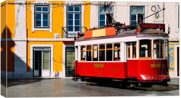 Vintage red and white tram on the street of Lisbon Canvas Print by Alexandre Rotenberg