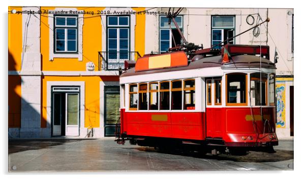 Vintage red and white tram on the street of Lisbon Acrylic by Alexandre Rotenberg