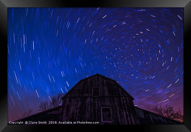 Brilliant star trails over old Ontario Barn Framed Print by Claire Smith