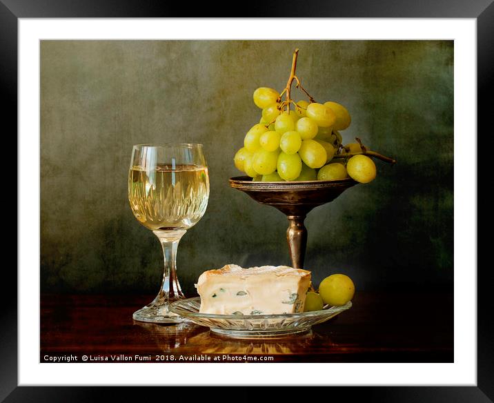 A glass of white wine, soft cheese and grapes Framed Mounted Print by Luisa Vallon Fumi