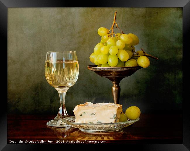 A glass of white wine, soft cheese and grapes Framed Print by Luisa Vallon Fumi