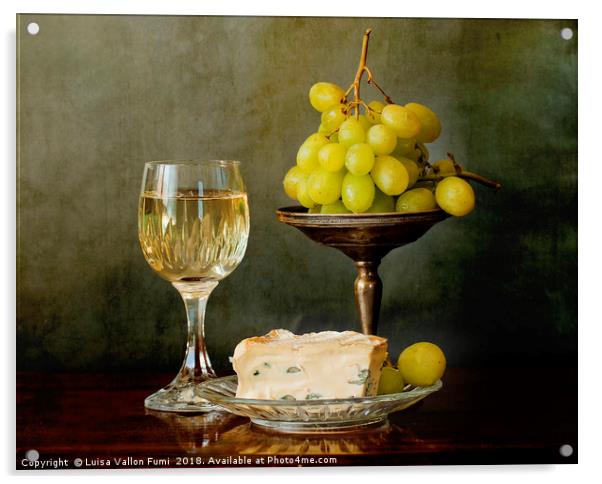 A glass of white wine, soft cheese and grapes Acrylic by Luisa Vallon Fumi