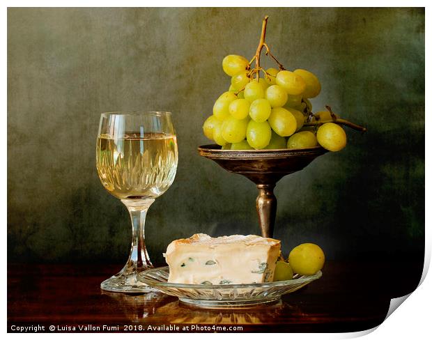 A glass of white wine, soft cheese and grapes Print by Luisa Vallon Fumi