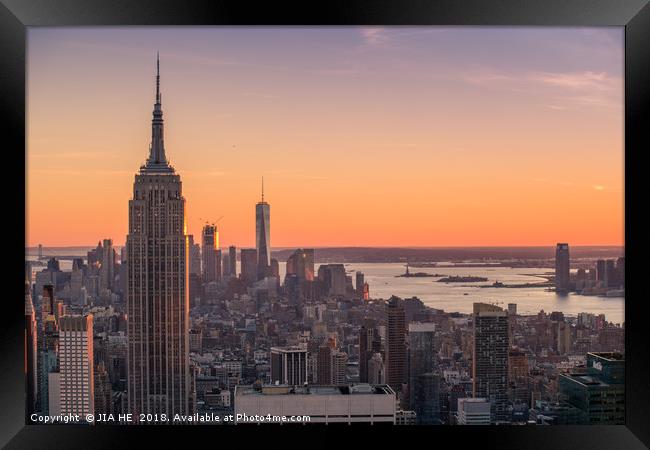 New York City at sunset Framed Print by JIA HE