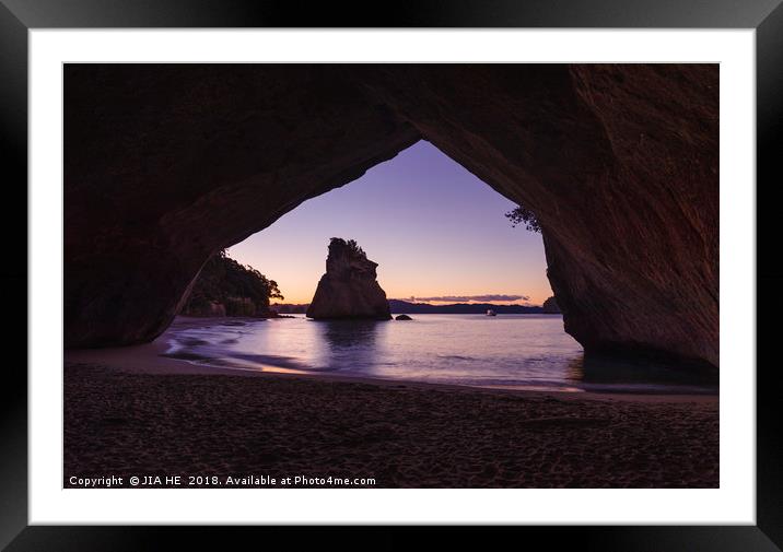 Cathedral Cove at sunset. New Zealand Framed Mounted Print by JIA HE
