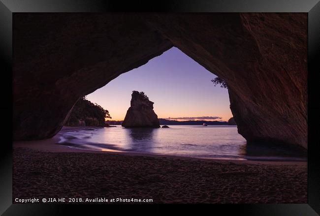 Cathedral Cove at sunset. New Zealand Framed Print by JIA HE