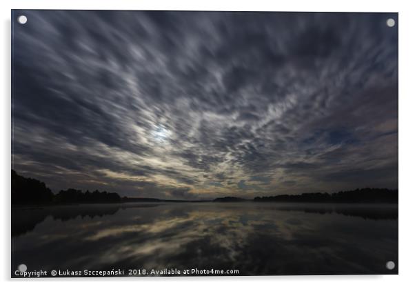 Dynamic clouds in the night over the lake lit by f Acrylic by Łukasz Szczepański