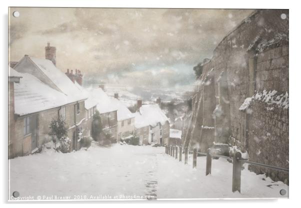 Shaftesbury Gold Hill in Snow Acrylic by Paul Brewer