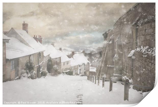 Shaftesbury Gold Hill in Snow Print by Paul Brewer