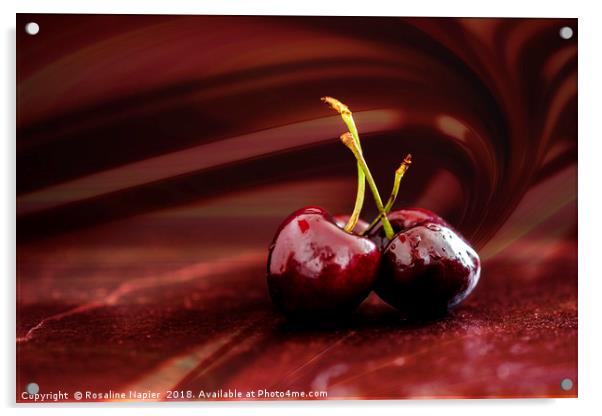 Three cherries on red background Acrylic by Rosaline Napier