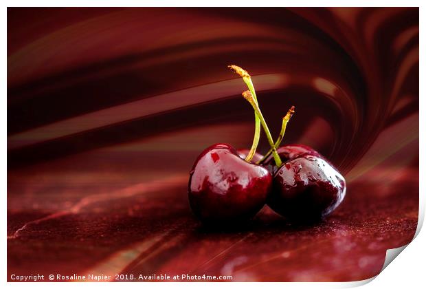 Three cherries on red background Print by Rosaline Napier