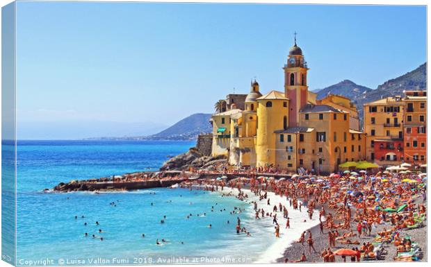 Camogli, the old church and the free beach Canvas Print by Luisa Vallon Fumi