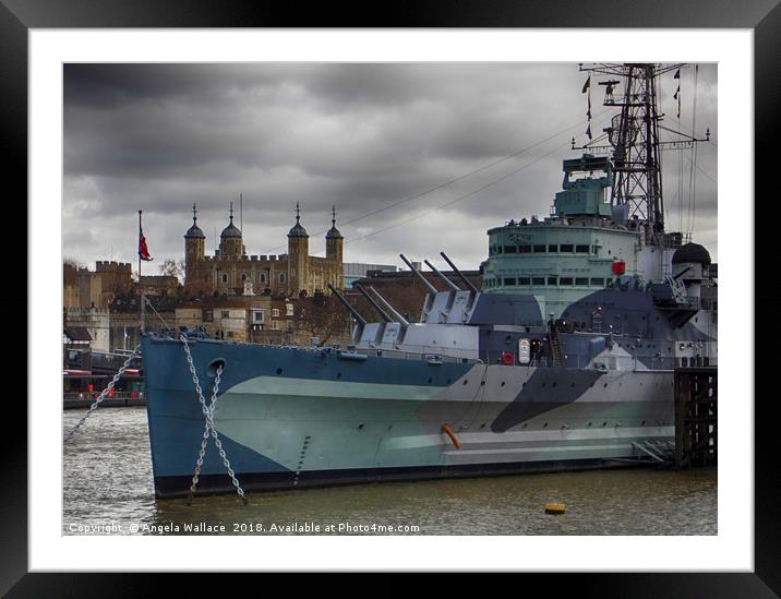 H M S Belfast with the Tower of London Framed Mounted Print by Angela Wallace