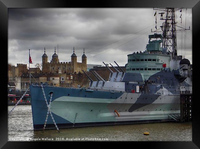 H M S Belfast with the Tower of London Framed Print by Angela Wallace