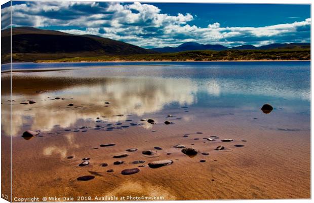 Clouds reflected on a shallow loch, near Kearvaig, Canvas Print by Mike Dale